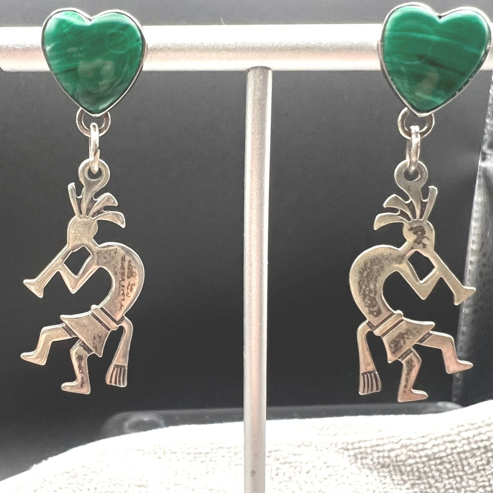 Sterling Silver Kokopelli Dangle Post Earrings Malachite Heart 1.75" 5.3g
